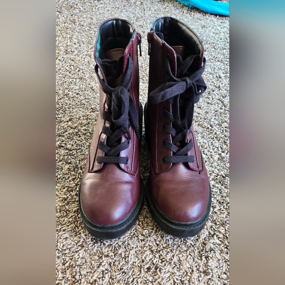 Burgundy Lace-Up Combat Boots